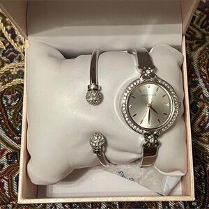 Ellen Tracy Silver Crystal-Trim Watch and Matching Cuff Bracelet